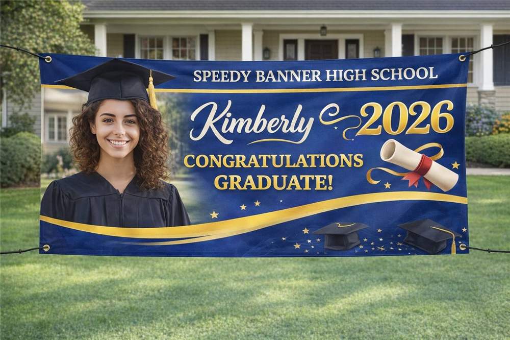 Custom graduation banner with photo, printed by Rush Order Banners